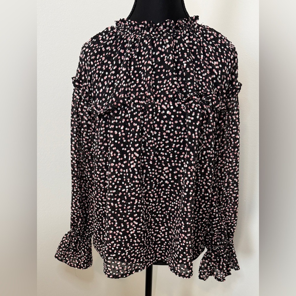 Who What Wear Womens Pink Polka Dot Ruffle High Neck Blouse Black Medium